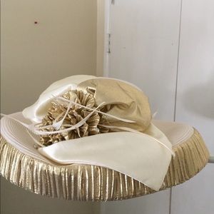 Beige Hat with Gold Bow- Sunday Hat